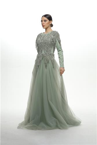 Üstü Taşlı Tül Elbise - Mint Yeşili