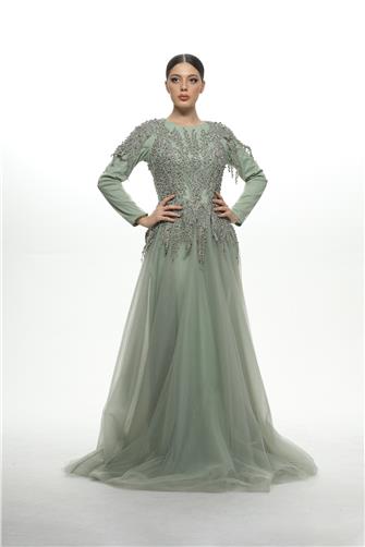Üstü Taşlı Tül Elbise - Mint Yeşili