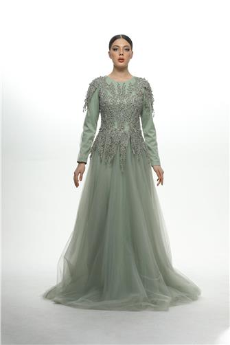 Üstü Taşlı Tül Elbise - Mint Yeşili