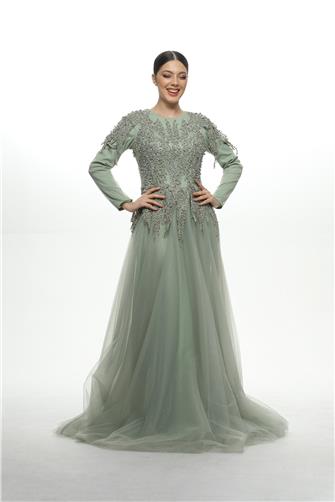 Üstü Taşlı Tül Elbise - Mint Yeşili