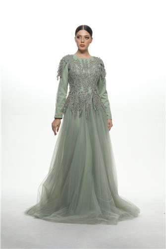 Üstü Taşlı Tül Elbise - Mint Yeşili