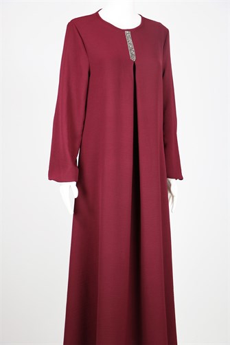 Yakası Şerit Taşlı Ayrobin Anne Elbise - Bordo