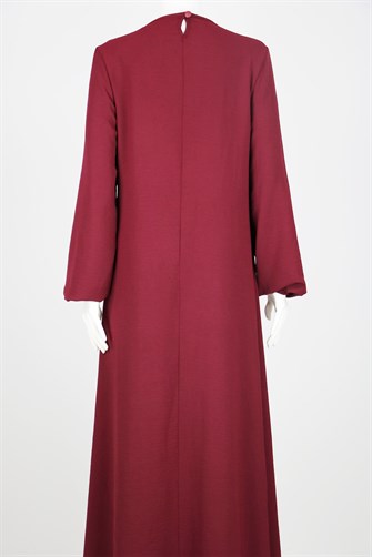 Yakası Şerit Taşlı Ayrobin Anne Elbise - Bordo