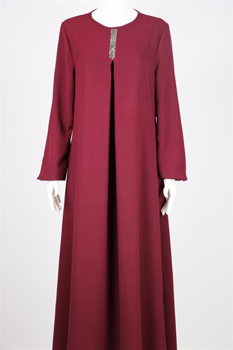 Yakası Şerit Taşlı Ayrobin Anne Elbise - Bordo