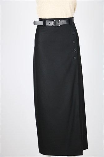 Yandan Düğme Detaylı Kalem Etek - Siyah