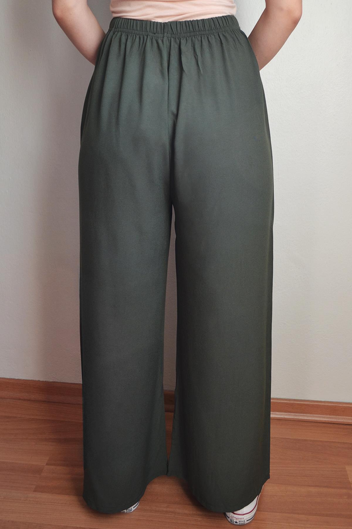 Jülyet Giyim | Pamuklu İnce Kumaştan Yazlık Rahat Kesimli Bol Paça Kadın  Pantolon Haki Yeşil