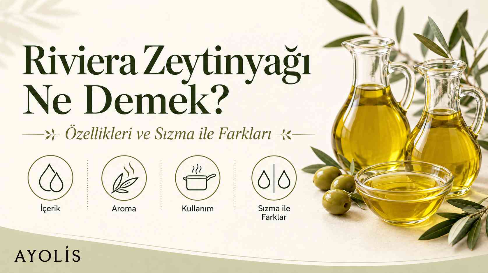 Riviera zeytinyağının özellikleri ve sızma ile farklarını anlatan, cam yağlıklar ve zeytinlerin yer aldığı Ayolis blog görseli.