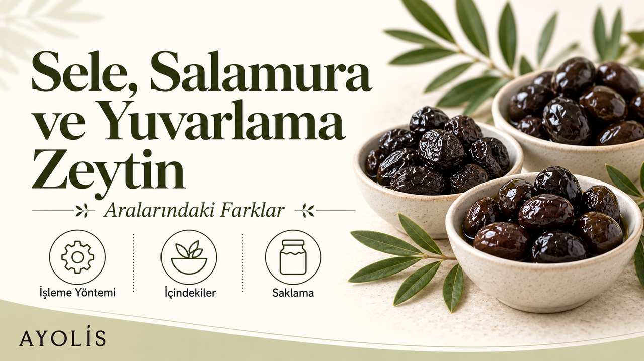 Sele, salamura ve yuvarlama karşılaştırması için üç kâse siyah zeytin içeren temsili kapak