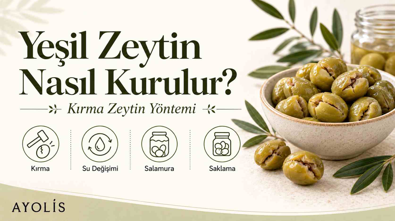Kırma zeytin rehberi kapağında bir kase yeşil zeytin ve salamura kavanozu