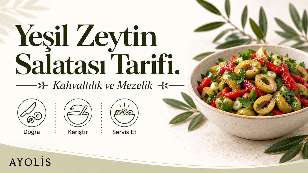 Yeşil zeytin, köz kapya biber, taze soğan ve maydanozla hazırlanmış salatanın temsili kapak görseli