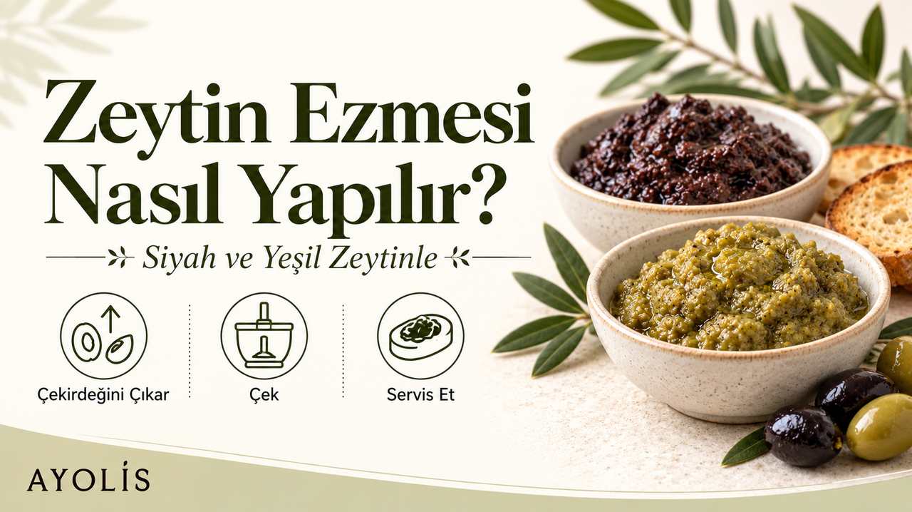 Siyah ve yeşil zeytin ezmesinin iki küçük kâsede sunulduğu temsili kapak görseli
