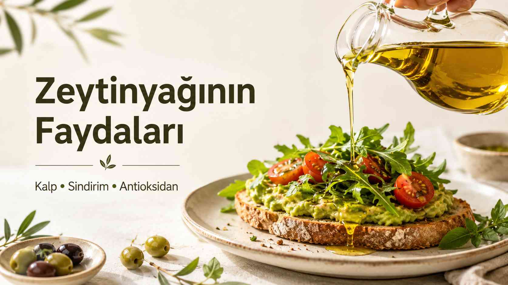 Zeytinyağının faydalarını anlatan, zeytinyağı dökülen sağlıklı Akdeniz tabağı görseli