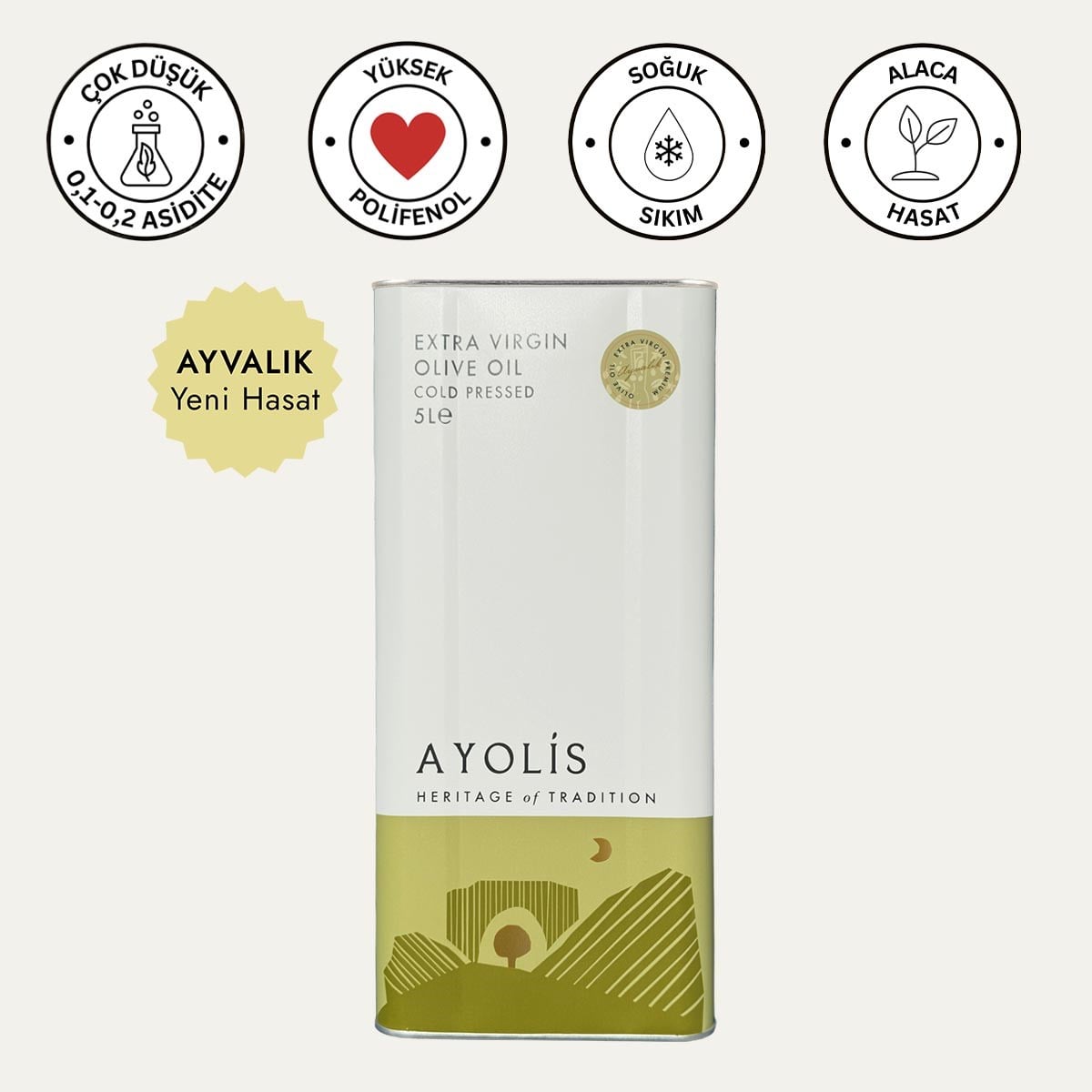 Ayolis Premium Chef Ayvalık Ödüllü Soğuk Sıkım Natürel Sızma Zeytinyağı 5 Lt