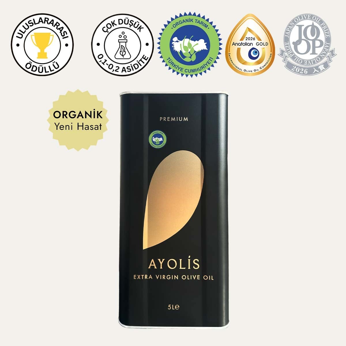 Ayolis Premium Organik Ödüllü Yüksek Polifenollü Soğuk Sıkım Natürel Sızma Zeytinyağı 5 Lt