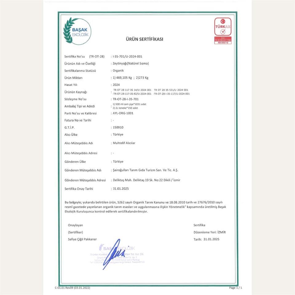 Ayolis Premium Organik Ödüllü Yüksek Polifenollü Soğuk Sıkım Natürel Sızma Zeytinyağı 500 Ml