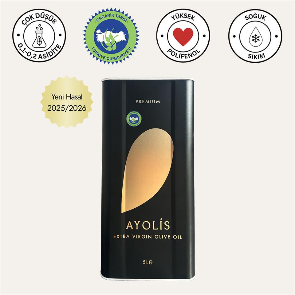 Ayolis Premium Organik Ödüllü Yüksek Polifenollü Soğuk Sıkım Natürel Sızma Zeytinyağı 5 Lt