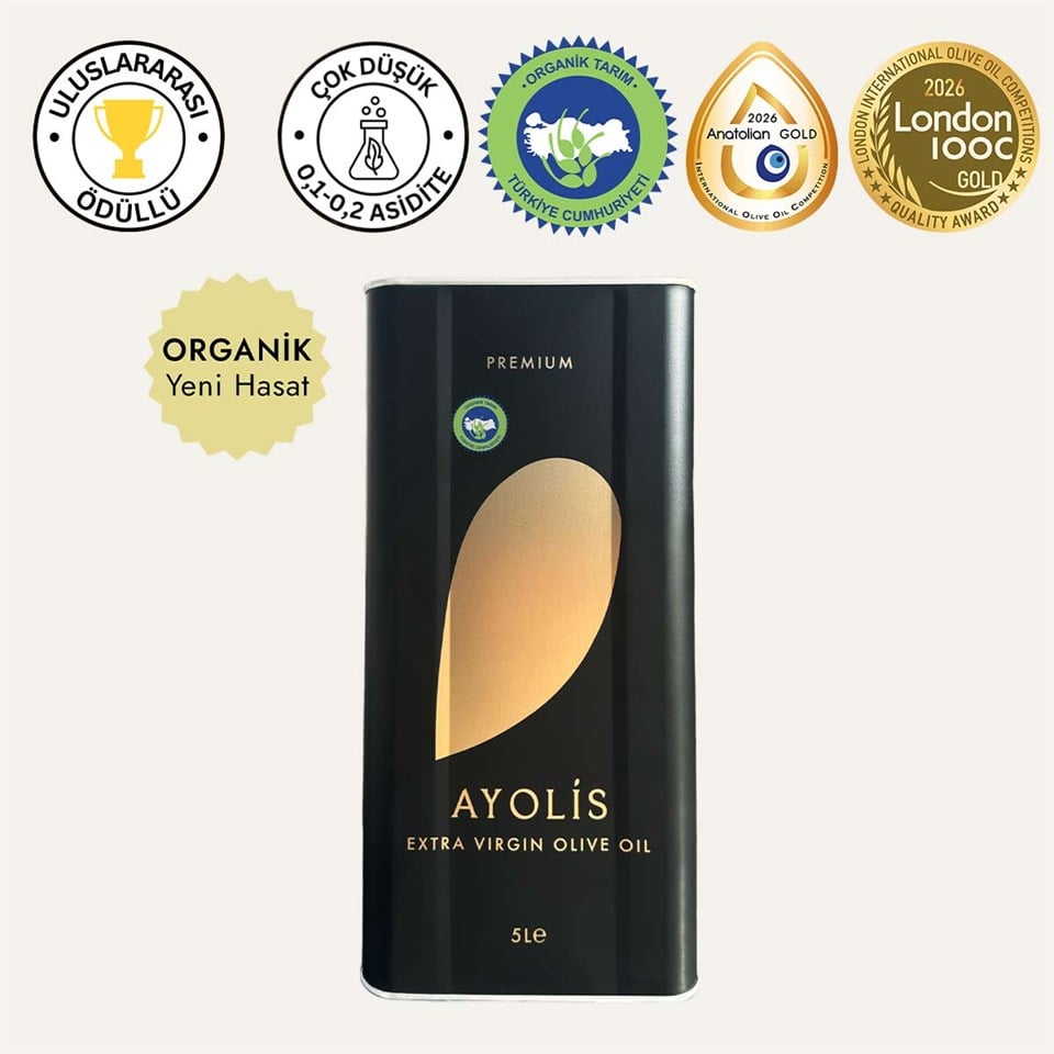 Ayolis Premium Organik Ödüllü Yüksek Polifenollü Soğuk Sıkım Natürel Sızma Zeytinyağı 5 Lt