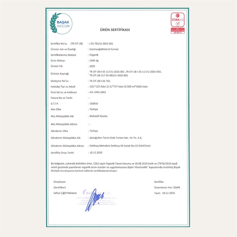 Ayolis Premium Organik Ödüllü Yüksek Polifenollü Soğuk Sıkım Natürel Sızma Zeytinyağı 5 Lt