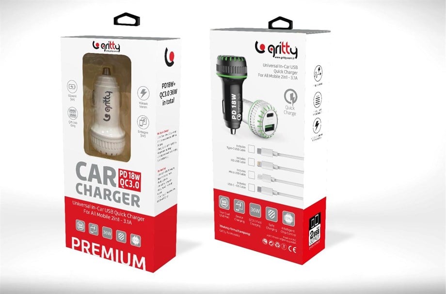 Gritty 36W QC 3.0 Süper Hızlı Araç Şarj Başlık ve Mikro Usb Kablo