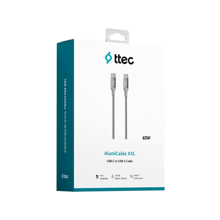 Ttec AlumiCable USB-C-USB-C 300cm 65W PD/QC Hızlı Şarj/Data Kablosu