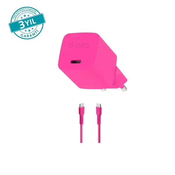ttec SmartCharger GAN 20W PD Seyahat Hızlı Şarj Aleti + USB-C - USB-C 3A Kablo Neon Neon Pembe