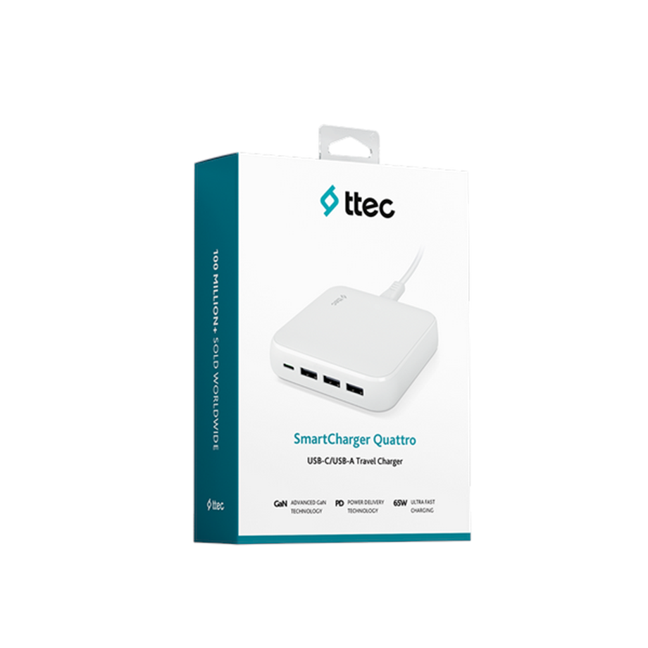 ttec SmartCharger QuattroGaN 65W PD Seyahat Hızlı Şarj Aleti USB-C + 3USB-A Beyaz