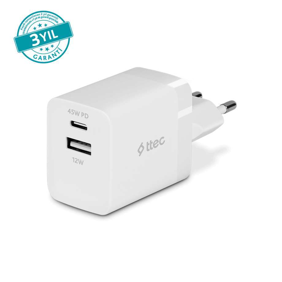 Ttec SmartCharger Trio GAN 45W PD Seyahat Hızlı Şarj Aleti 2 USB-C+USB-A Beyaz