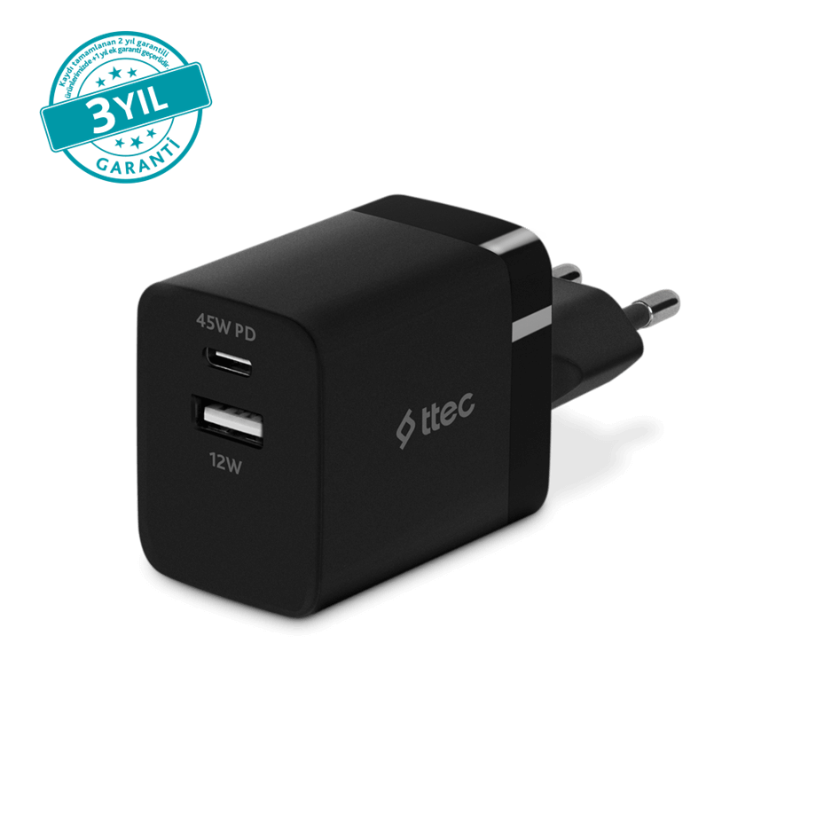 Ttec SmartCharger Trio GAN 45W PD Seyahat Hızlı Şarj Aleti 2 USB-C+USB-A Siyah