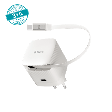 SmartCharger GAN 65WPD Seyahat Hızlı Şarj Aleti USB-C +Dahili PD 65W 70cm USB-C Şarj Kablosu