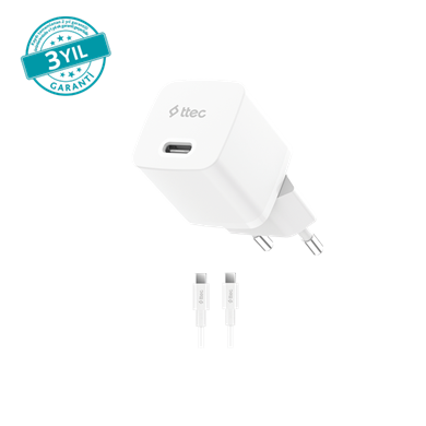 Ttec SmartCharger 20W PD Seyahat Hızlı Şarj Aleti + USB-C - Lightning 150cm Kablo Beyaz