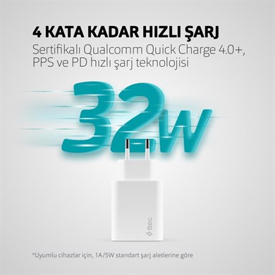 Ttec SmartCharger Duo Pro PD 32W Seyahat Hızlı Şarj Aleti USB-C + USB-A Beyaz