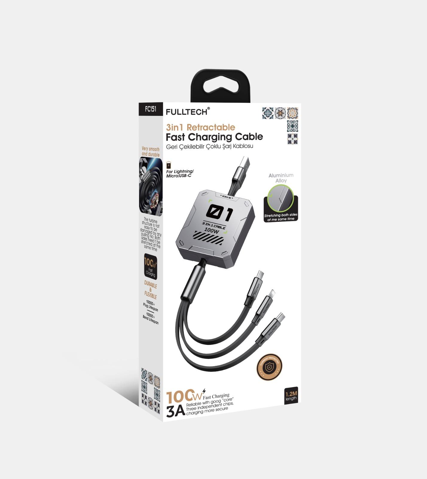 Fulltech Fc151 3in1 Retractable Fast Charging Cable