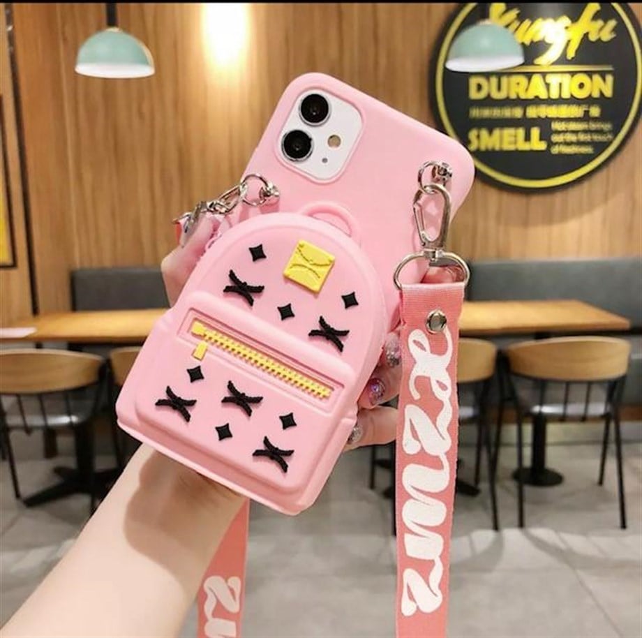 Maskotlu Cüzdanlı Boyun Askılı İphone 12 Pro Silikon Kılıf