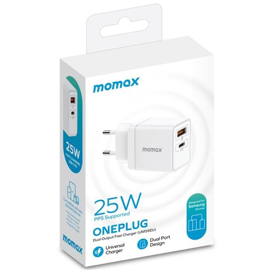 MOMAX  ONEPLUG 25W 2-PORT HIZLI ŞARJ ADAPTÖRÜ BEYAZ