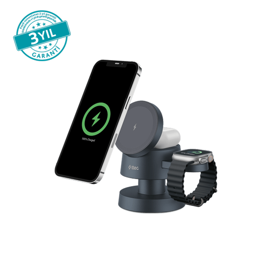 Ttec AirCharger Quattro Mini MagSafe Uyumlu 4’ü 1 Arada iPhone + Apple Watch + AirPods LED Aydınlatmalı Kablosuz Katlanabilir Şarj Standı