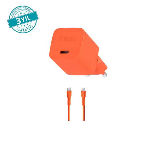 ttec SmartCharger GAN 20W PD Seyahat Hızlı Şarj Aleti + USB-C - USB-C 3A Kablo Neon Turuncu