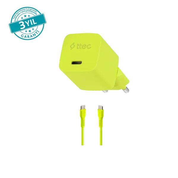 ttec SmartCharger GAN 20W PD Seyahat Hızlı Şarj Aleti + USB-C - USB-C 3A Kablo Neon Neon Sarı
