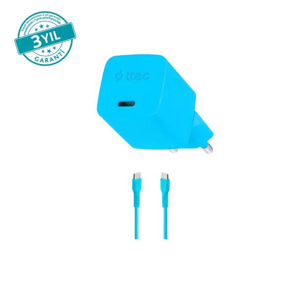 ttec SmartCharger GAN 20W PD Seyahat Hızlı Şarj Aleti + USB-C - USB-C 3A Kablo Neon Neon Mavi