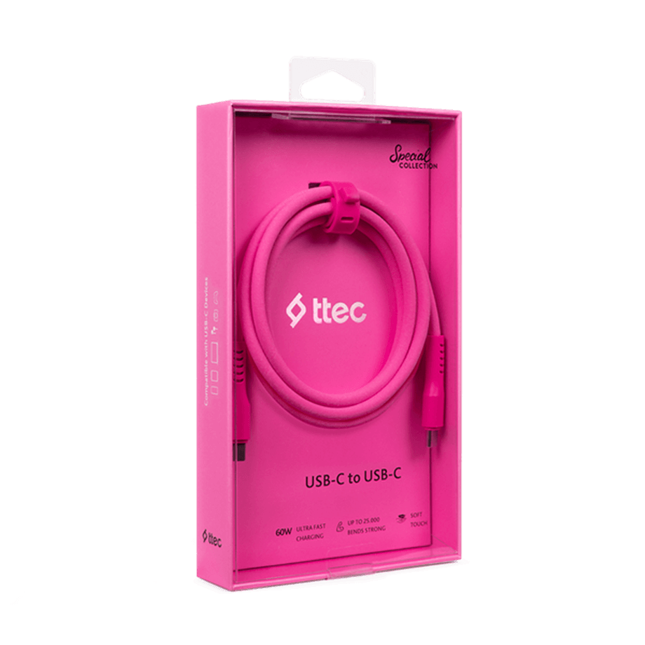 ttec USB-C - USB-C 120cm 60W PD/QC Hızlı Şarj/Data Kablosu Neon Pembe