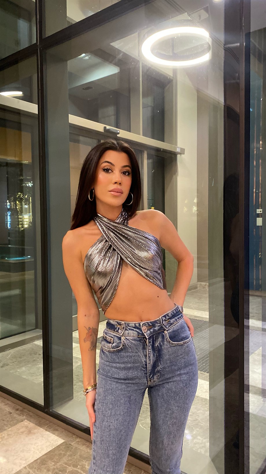 Metalik Halter Yaka Bluz