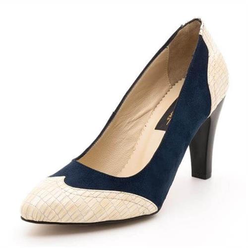 Büyük Numara Kadın Topuklu Stiletto Ayakkabı 1954 Lacivert Krem