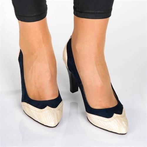 Büyük Numara Kadın Topuklu Stiletto Ayakkabı 1954 Lacivert Krem