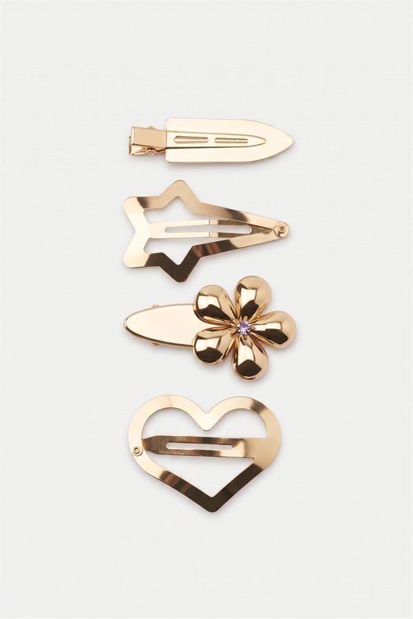 4lü Çiçekli Kalpli Metal Set Toka - Altın