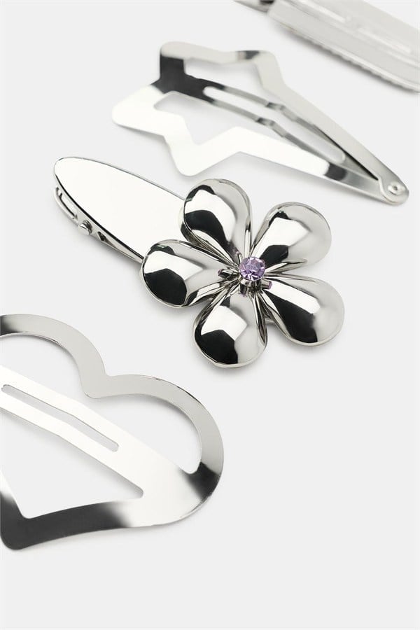 4lü Çiçekli Kalpli Metal Set Toka - Gümüş