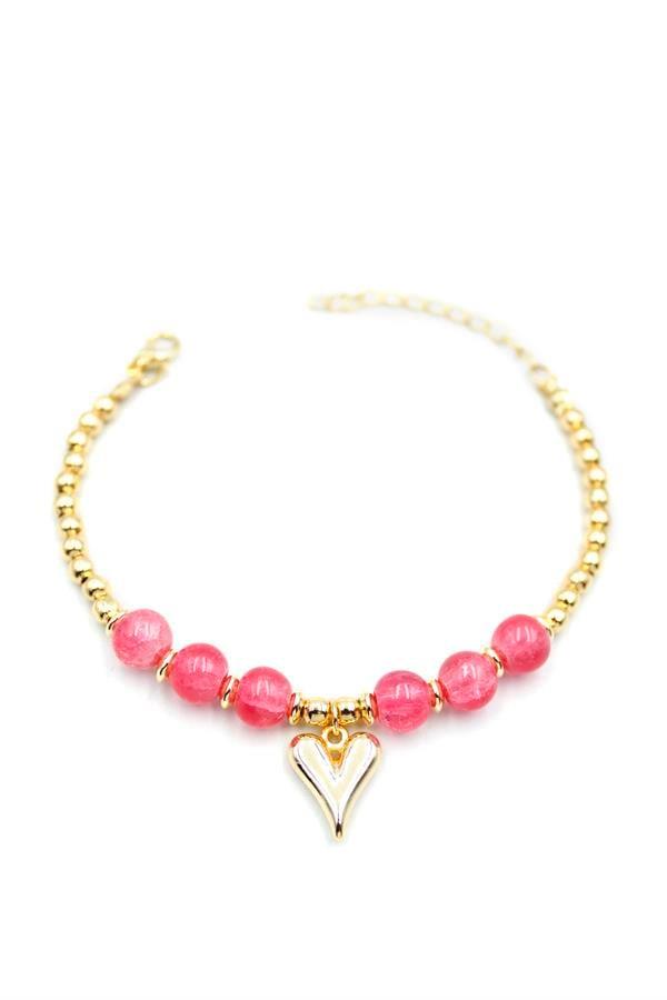 Boncuklu Kalp Bileklik - Pembe