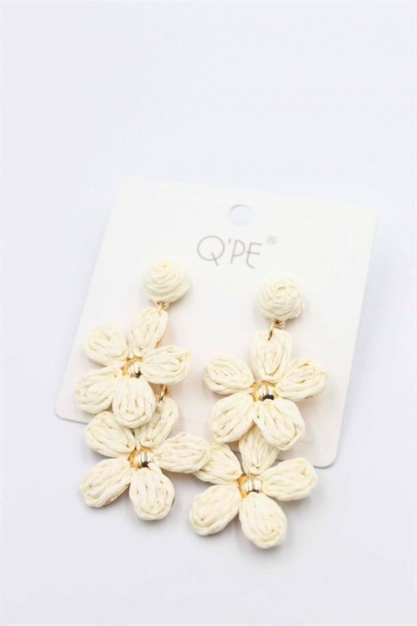 Hasır Çiçek Küpe - Krem