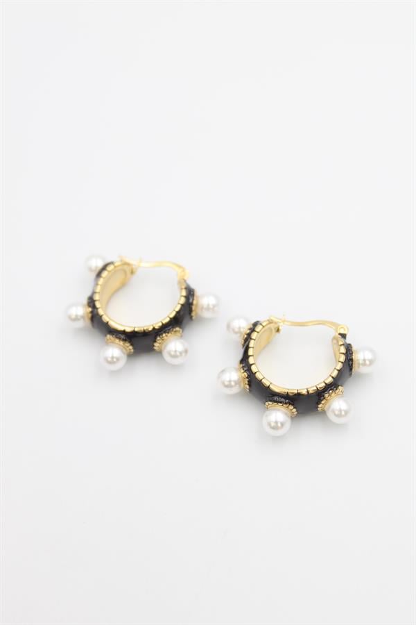 İncili Mineli Halka Küpe - Siyah