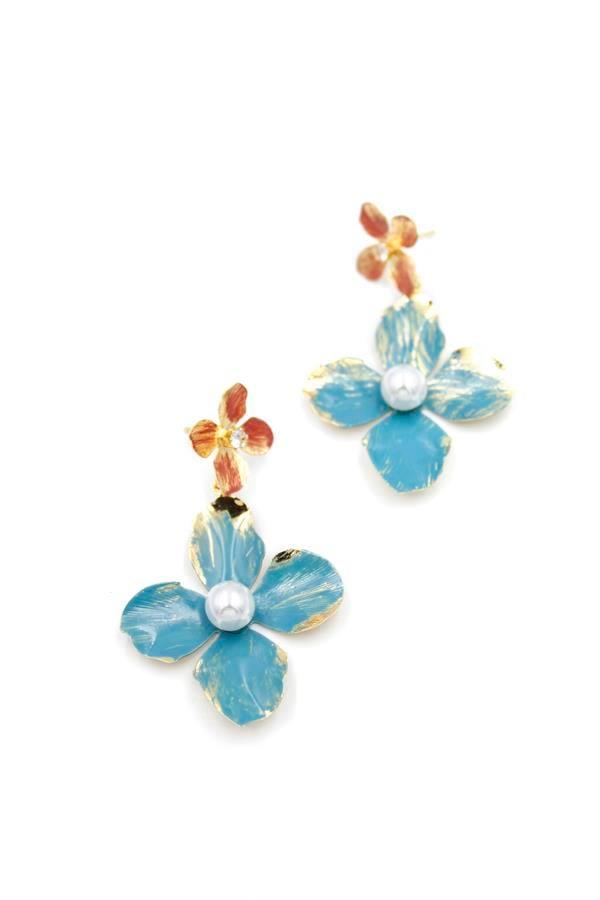 Metal Çiçek Küpe - Turkuaz