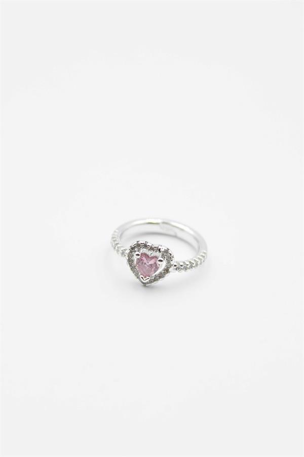 Pembe Taşlı Kalp Yüzük - Gümüş