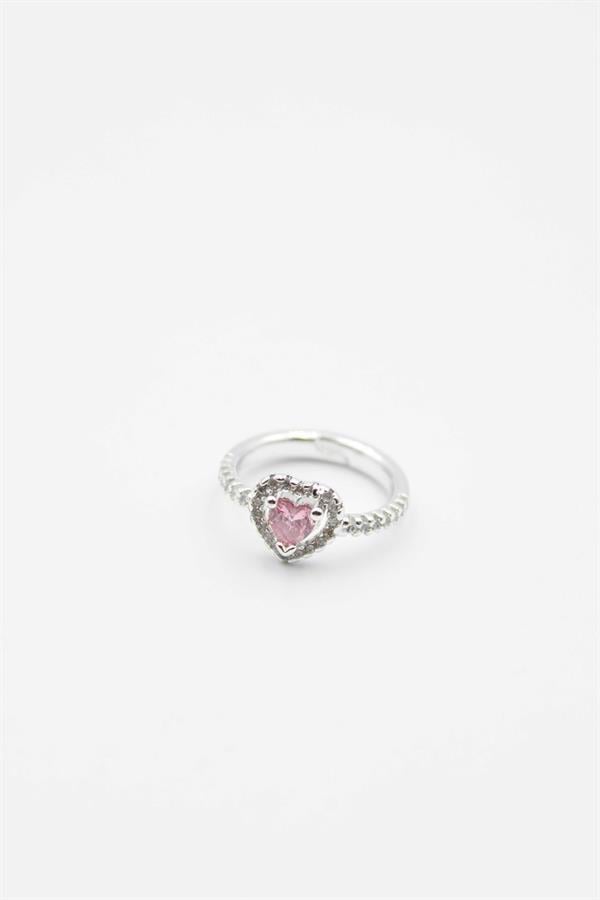 Pembe Taşlı Kalp Yüzük - Gümüş